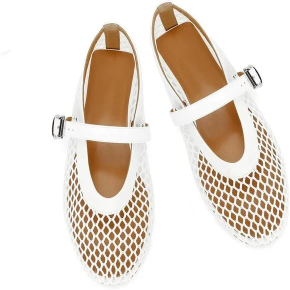 Women's White Mesh Ballet Flats Buckle Strap Fishnet Casual Comfy Office Shoes - Picture 4 of 6